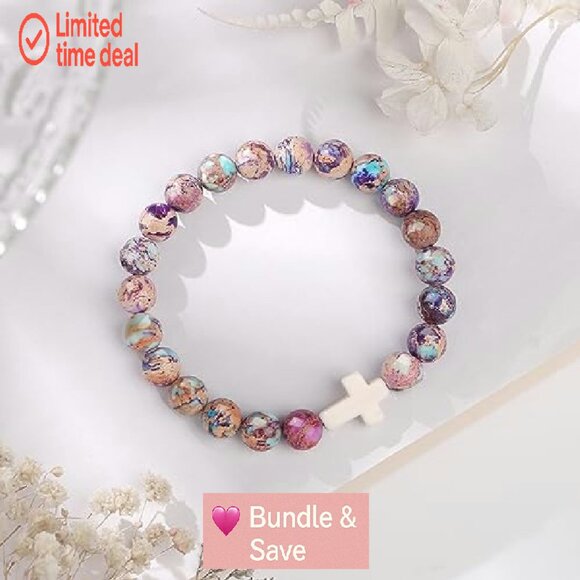 Christian Cross Bracelet Adjustable Stone Beads Faith Jewelry Gift - Picture 6 of 7